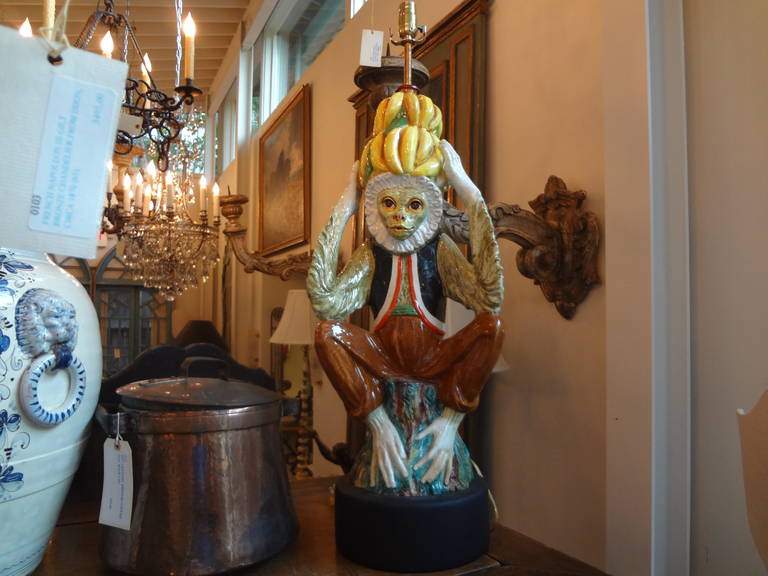 Whimsical Mid-Century Italian Majolica Lamp of a Monkey Holding a Bunch of Bananas on Top of His Head