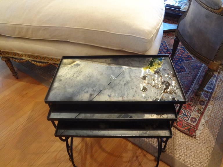 Mid-20th Century French Iron and Brass Nesting Tables with Mirrored Tops For Sale