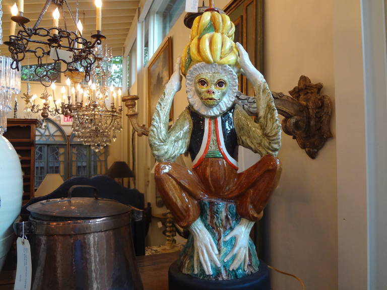 Detailed Hollywood Regency Italian Majolica Monkey Lamp 1