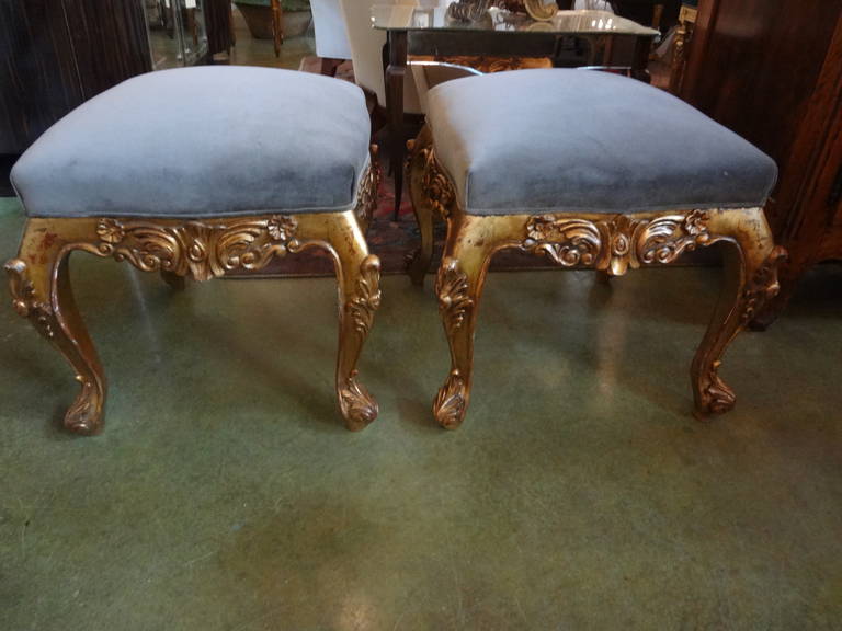 Pair of French Louis XV Style Giltwood Stools or Ottomans 4