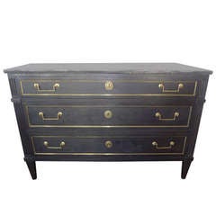 19th Century French Louis XVI Ebonized 3 Drawer Commode With Marble Top
