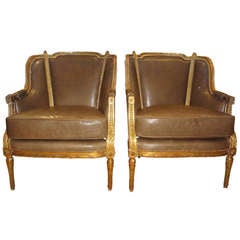 Pair of French Louis XVI Style Gilt Wood Bergeres