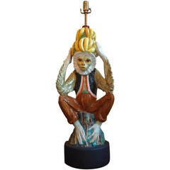 Retro Detailed Hollywood Regency Italian Majolica Monkey Lamp