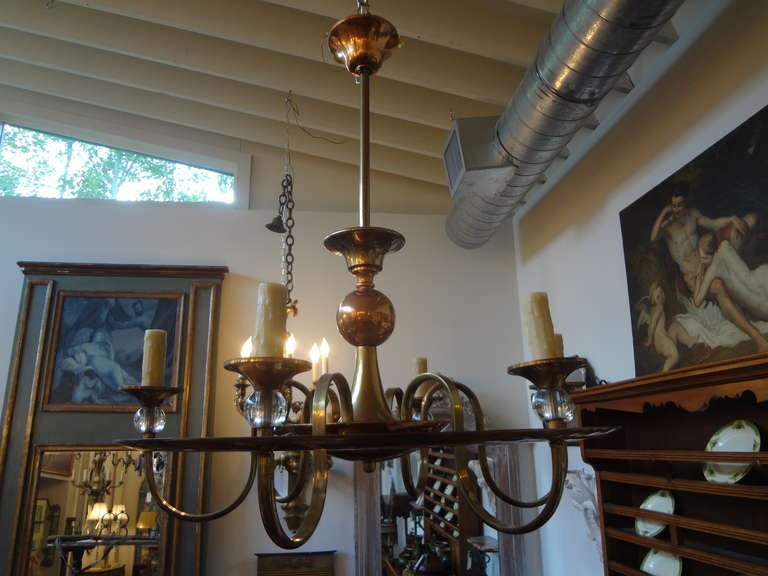 Desirable French Art Deco or Art Moderne brass and copper six-light chandelier,  attributed to Jacques Adnet. Newly wired for U.S. market.

