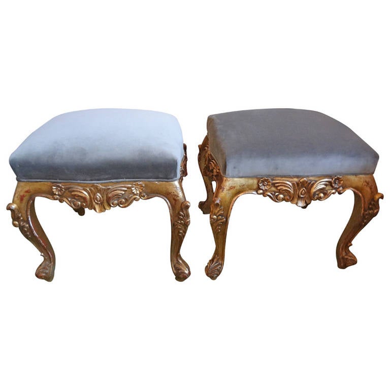 Newly Upholstered Pair Of French Louis XV Style Gilt Wood Benches/Tabourets (Great Usable Size)