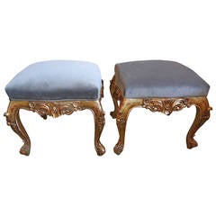 Pair of French Louis XV Style Giltwood Stools or Ottomans