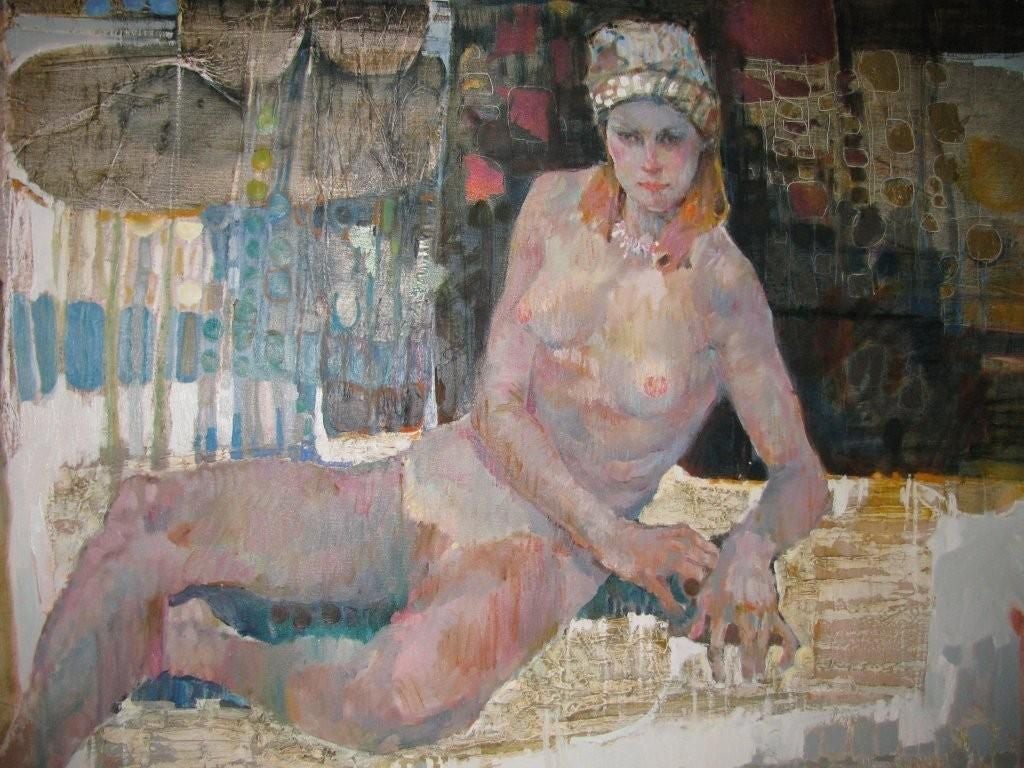 NUDE OIL ON CANVAS BY LISTED CHINESE ARTIST LAU CHUN, FRAMED IN BROWN FRAME WITH CHROME STRIP ON FRONT. INSPIRED BY FRENCH IMPRESIONISTS USING CONTEMPORARY BACKGROUNDS.