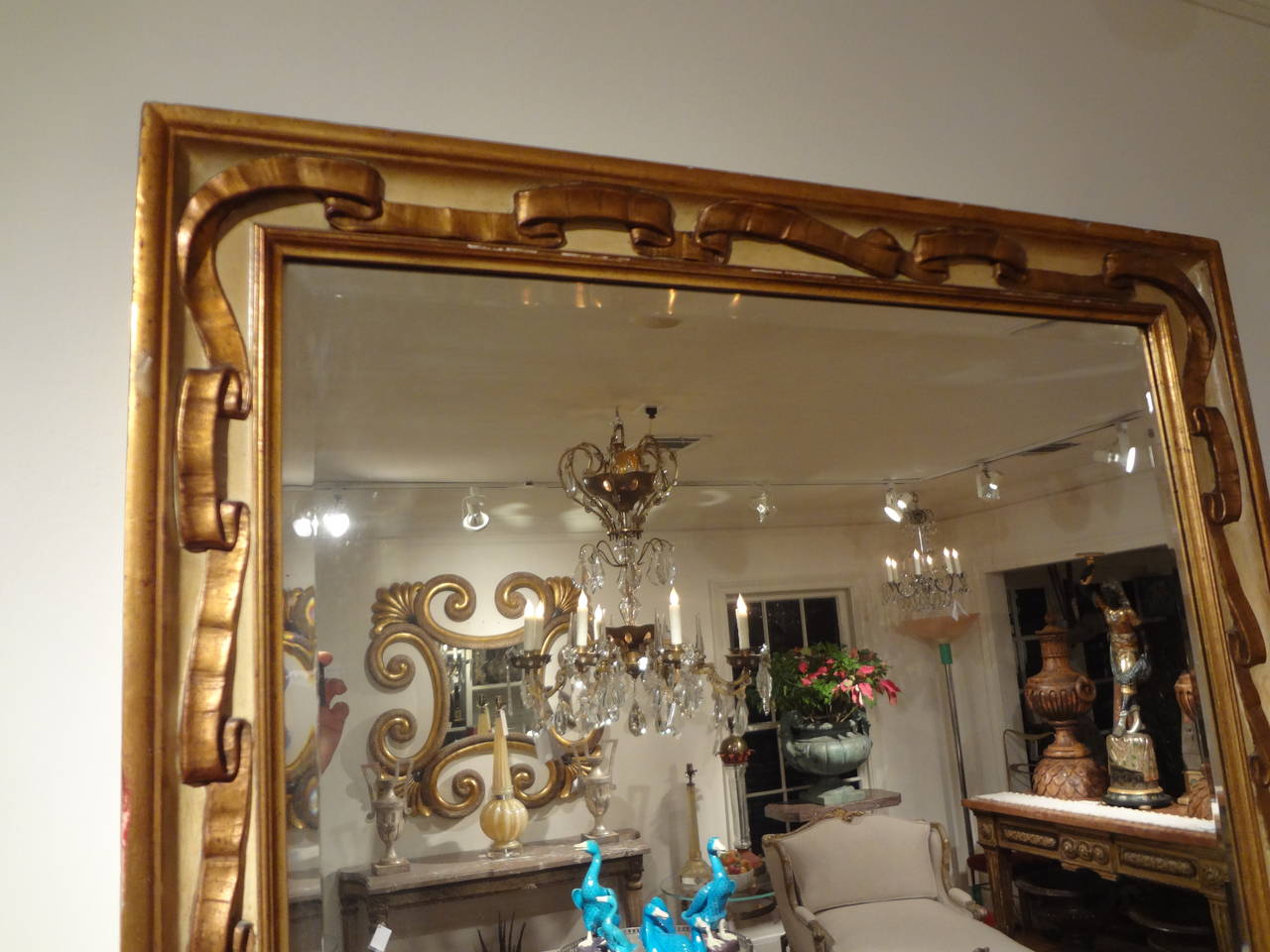 Hollywood Regency Italian Rectangular Painted and Giltwood Ribbon Beveled Mirror