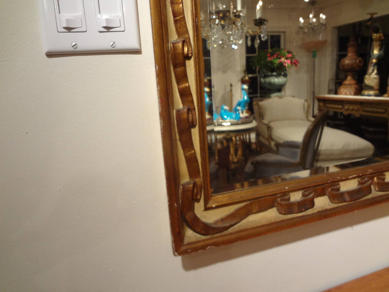 Italian Rectangular Painted and Giltwood Ribbon Beveled Mirror In Good Condition In Houston, TX