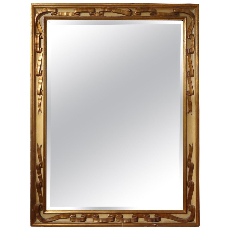 Italian Rectangular Painted And Gilt Ribbon Beveled Mirror For Sale at 1stdibs