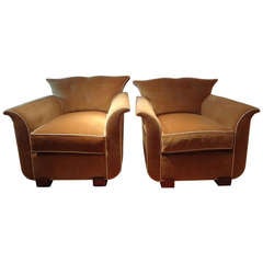 Pair of French Art Deco Jules Leleu Style Upholstered Club Chairs