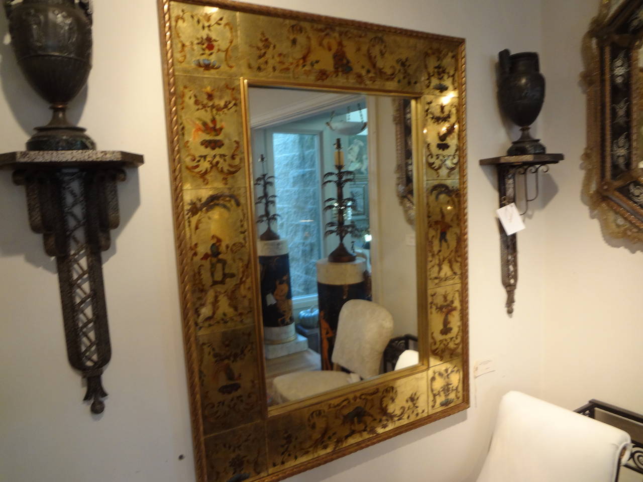 French Maison Jansen Style Gilt Églomisé Mirror, 1940s 1