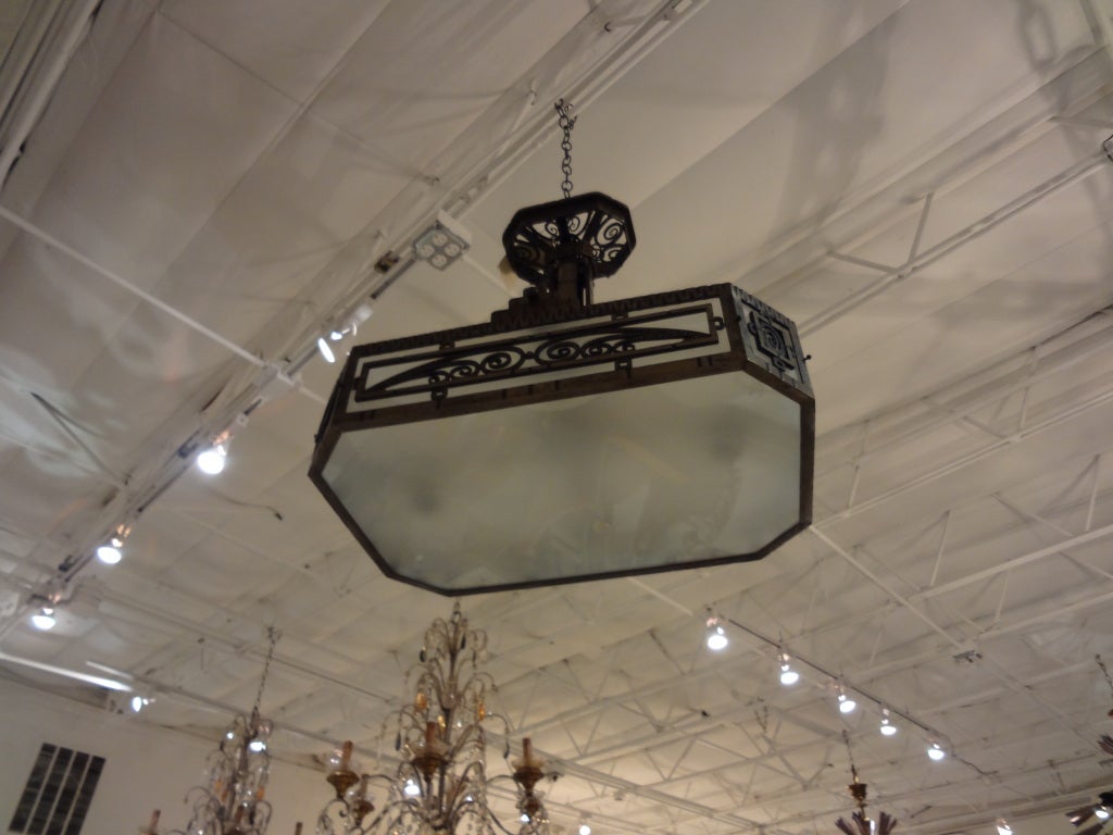Glass French Art Deco Wrought Iron Chandelier by Piguet