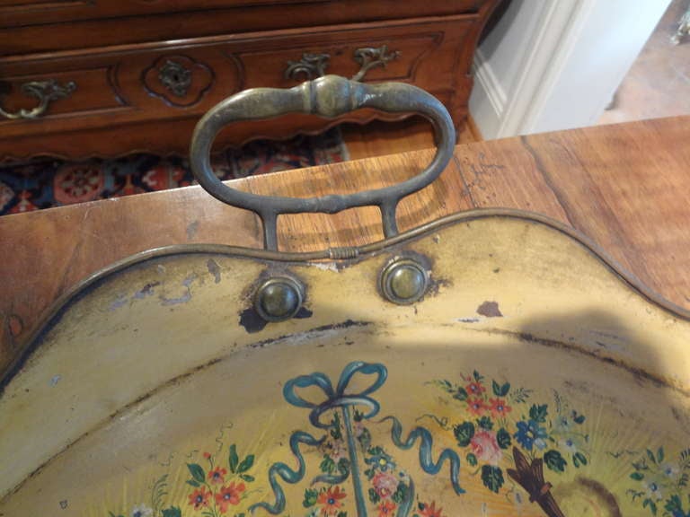 Antique French Oval Tole Tray With Bronze Mounts In Good Condition In Houston, TX