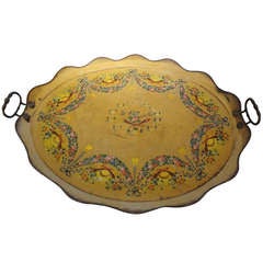 Antique French Oval Tole Tray With Bronze Mounts