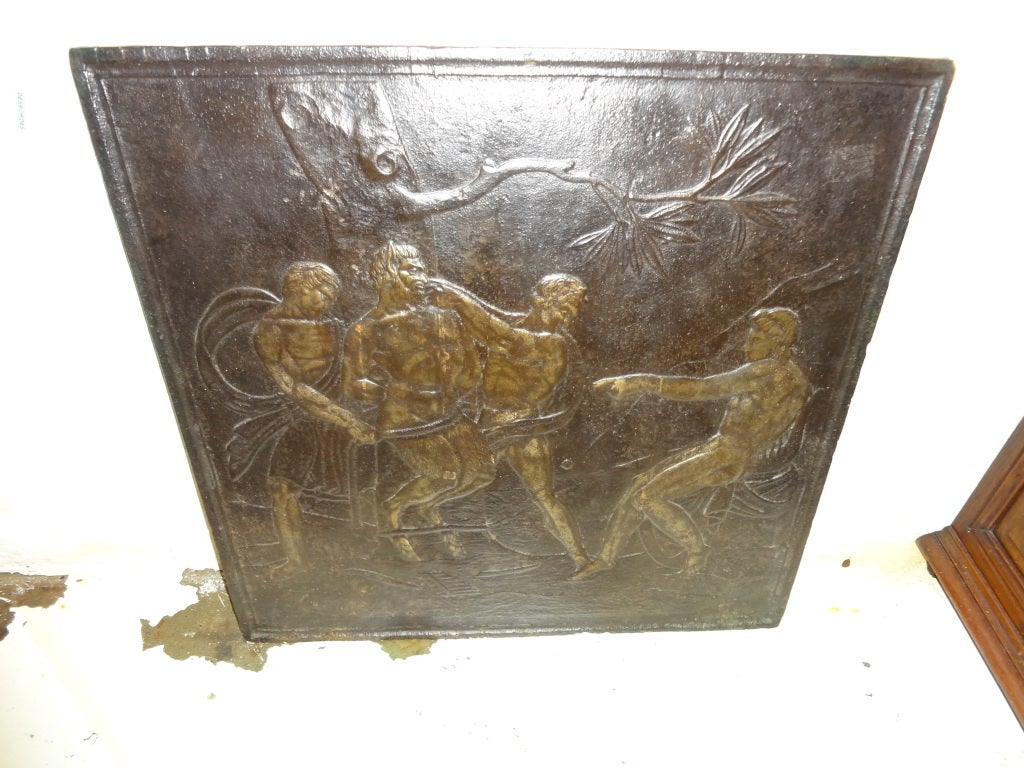 18th century French cast iron fireplace back or fireback.
Handsome rare themed 18th century French cast iron fireback or fireplace back or fireplace screen with Etruscan theme.
Can be used in a fire place, in a kitchen as a backsplash, mounted