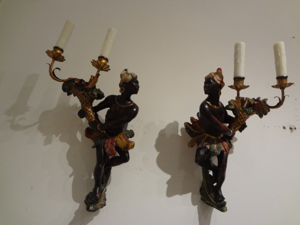 PAIR OF VENETIAN BLACKAMOOR 2 LIGHT SCONCES at 1stdibs