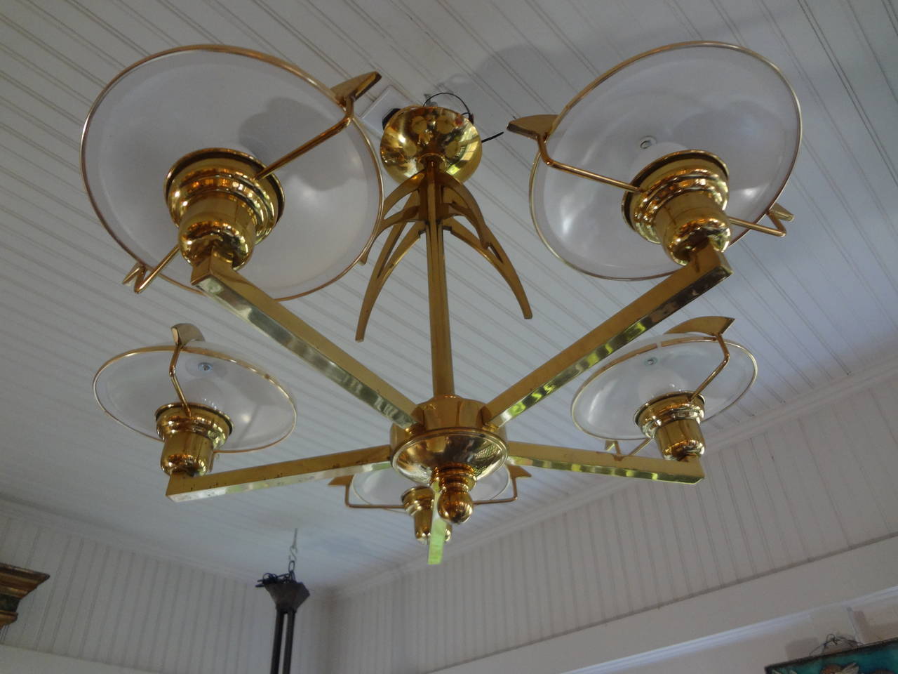 Late 20th Century Italian Mid-Century Modern Brass and Glass Chandelier, Stilnovo Style For Sale