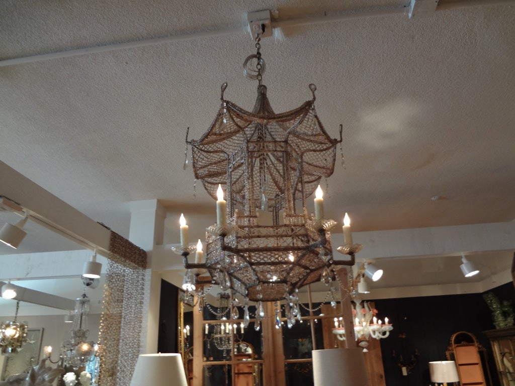 Mid-20th Century MONUMENTAL BAGUES 8-LIGHT BEADED AND CRYSTAL PAGODA CHANDELIER