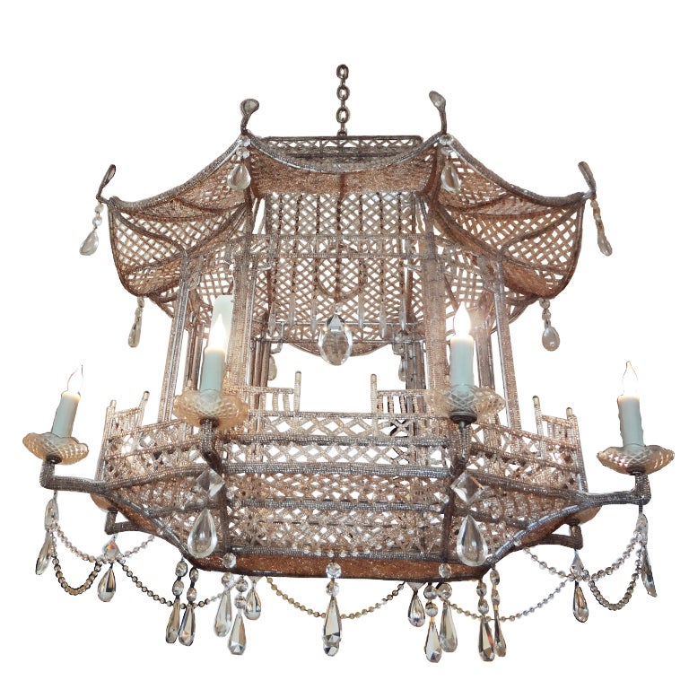 MONUMENTAL BAGUES 8-LIGHT BEADED AND CRYSTAL PAGODA CHANDELIER