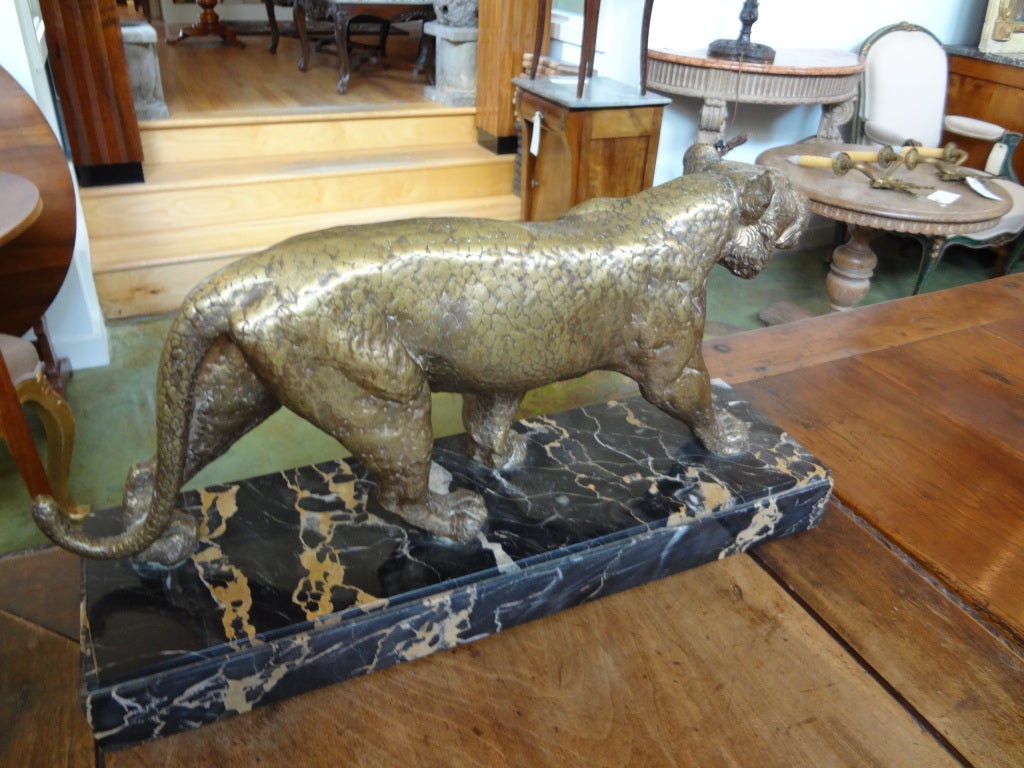 Signed French Art Deco Gilt Bronze Panther Sculpture 1