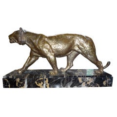 Signed French Art Deco Gilt Bronze Panther Sculpture