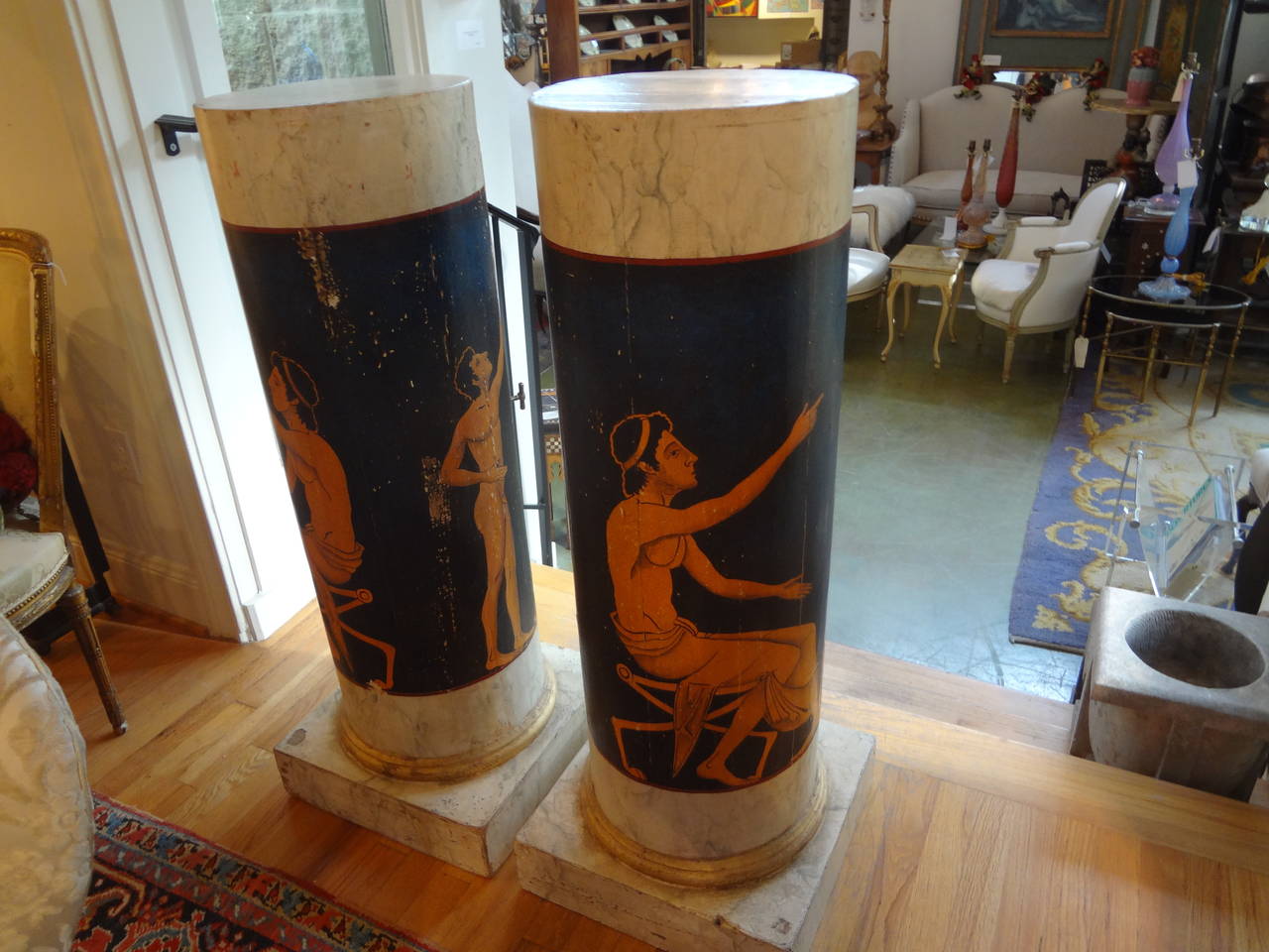 Pair of Antique Italian Neoclassical Style Painted Column Pedestal Cabinets In Good Condition In Houston, TX