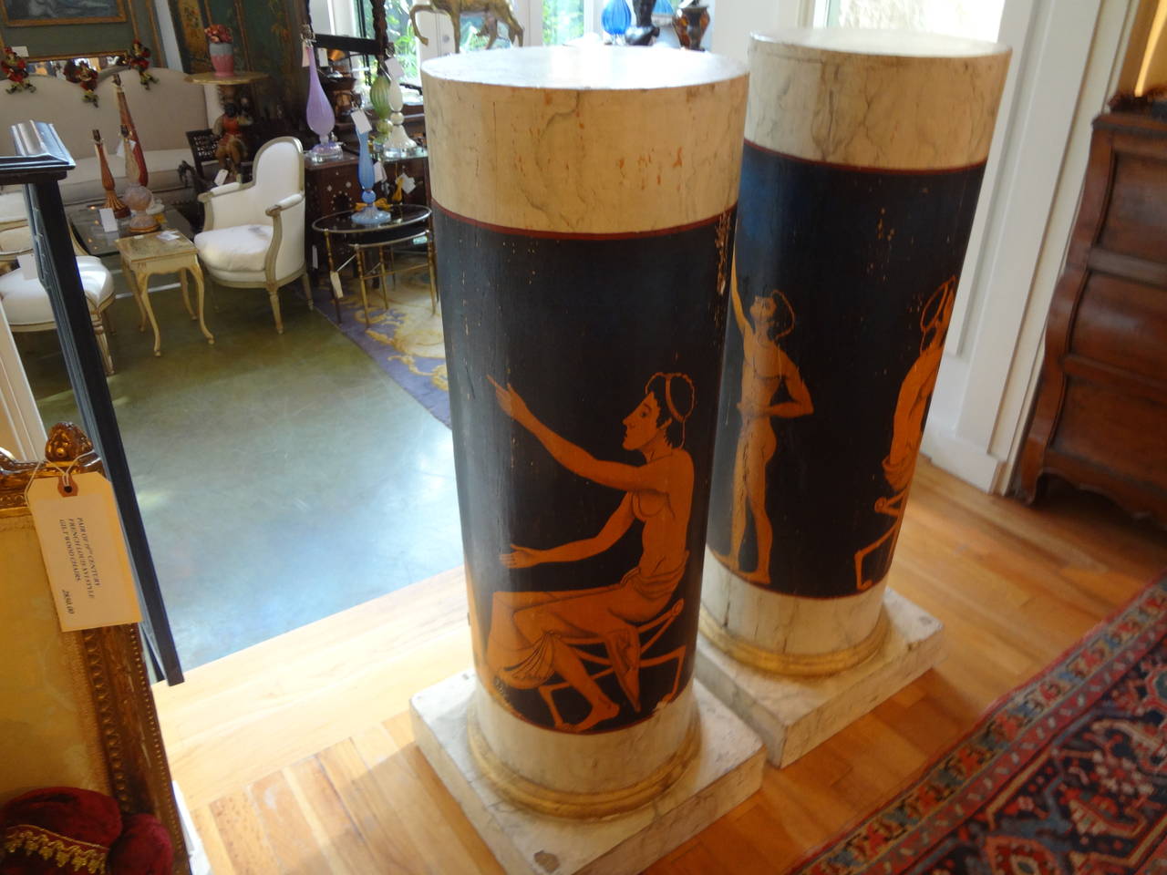 19th Century Pair of Antique Italian Neoclassical Style Painted Column Pedestal Cabinets