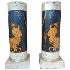 Pair Of Antique Italian Neoclassical Style Painted Column Pedestal Cabinets 4