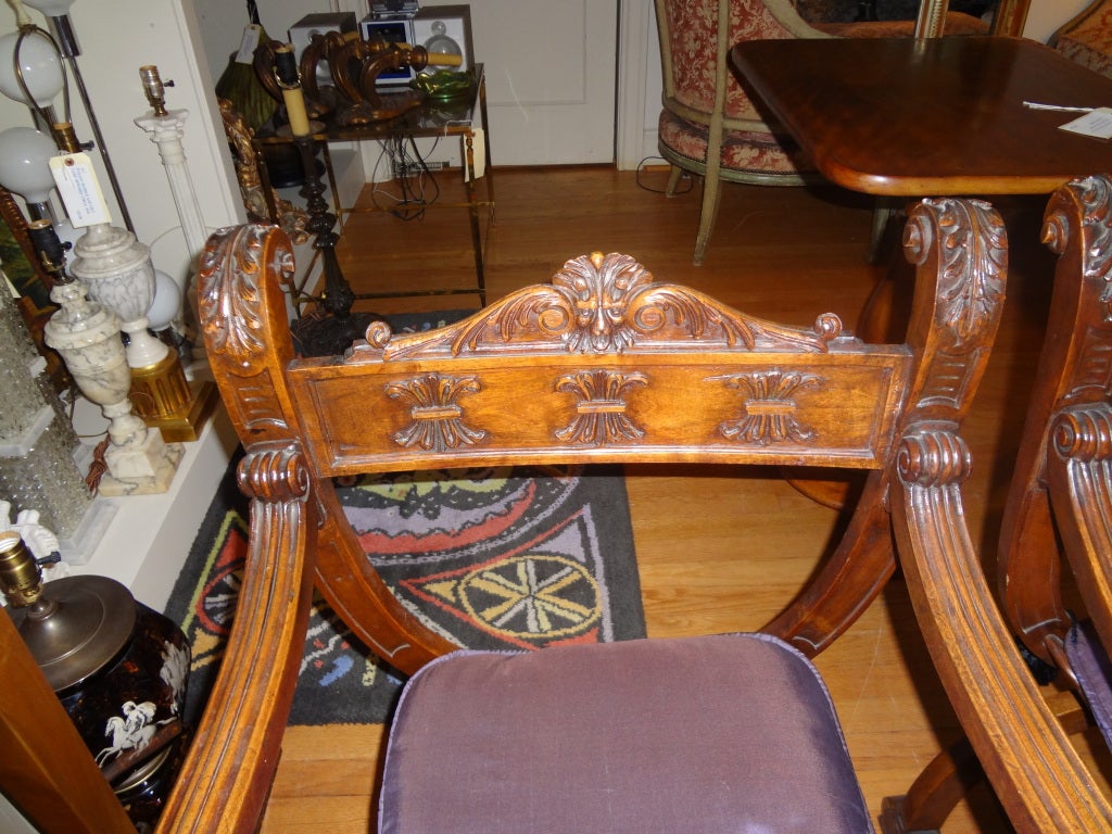 Handsome pair of French Renaissance style Dagobert or Curule walnut fauteuils/armchairs with removable cushions. 

Please click KIRBY ANTIQUES logo below to view additional pieces from our vast inventory.