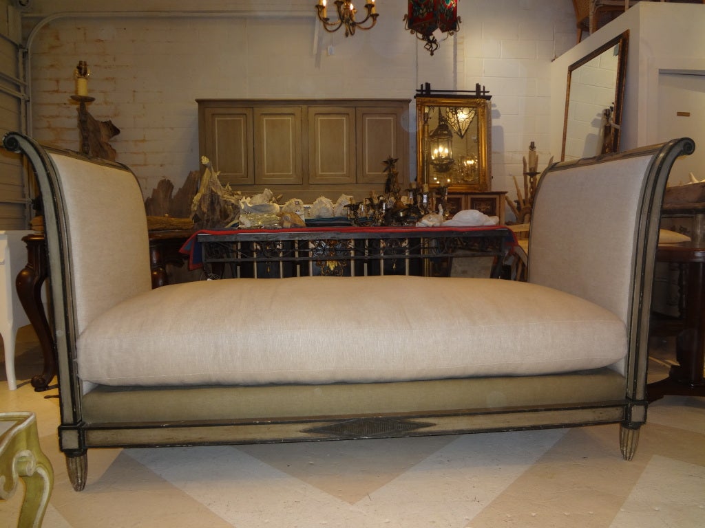 Beautiful French Directoire Style Painted Day Bed, Upholstered in Linen