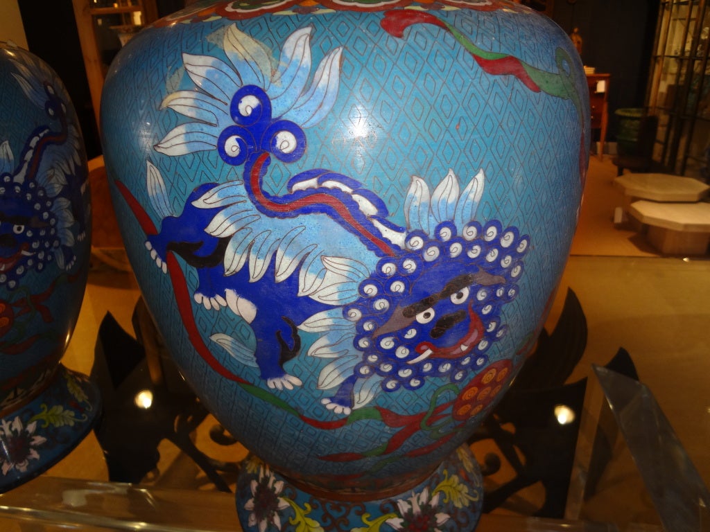 VERY LARGE PAIR OF CHINESE CLOISONNE OVER BRONZE VASES/VESSELS WITH LARGE DRAGON DESIGN FROM THE 19TH CENTURY