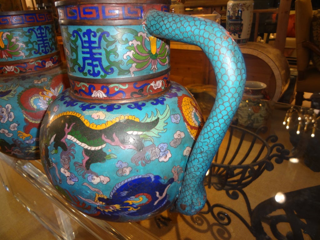 19th Century Pair Of Antique Chinese Cloisonne Pitchers