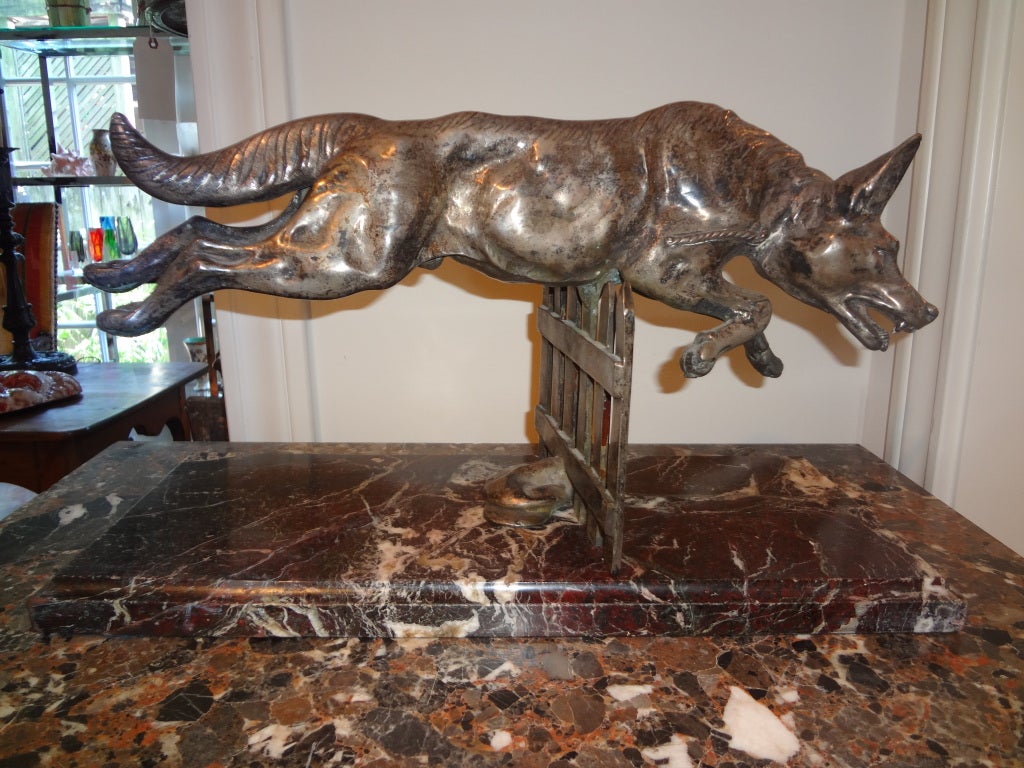 FRENCH ART DECO SILVERED BRONZE WOLF ON MARBLE BASE BY C. PEROT