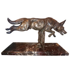 FRENCH ART DECO SILVERED BRONZE WOLF ON MARBLE BASE BY C. PEROT