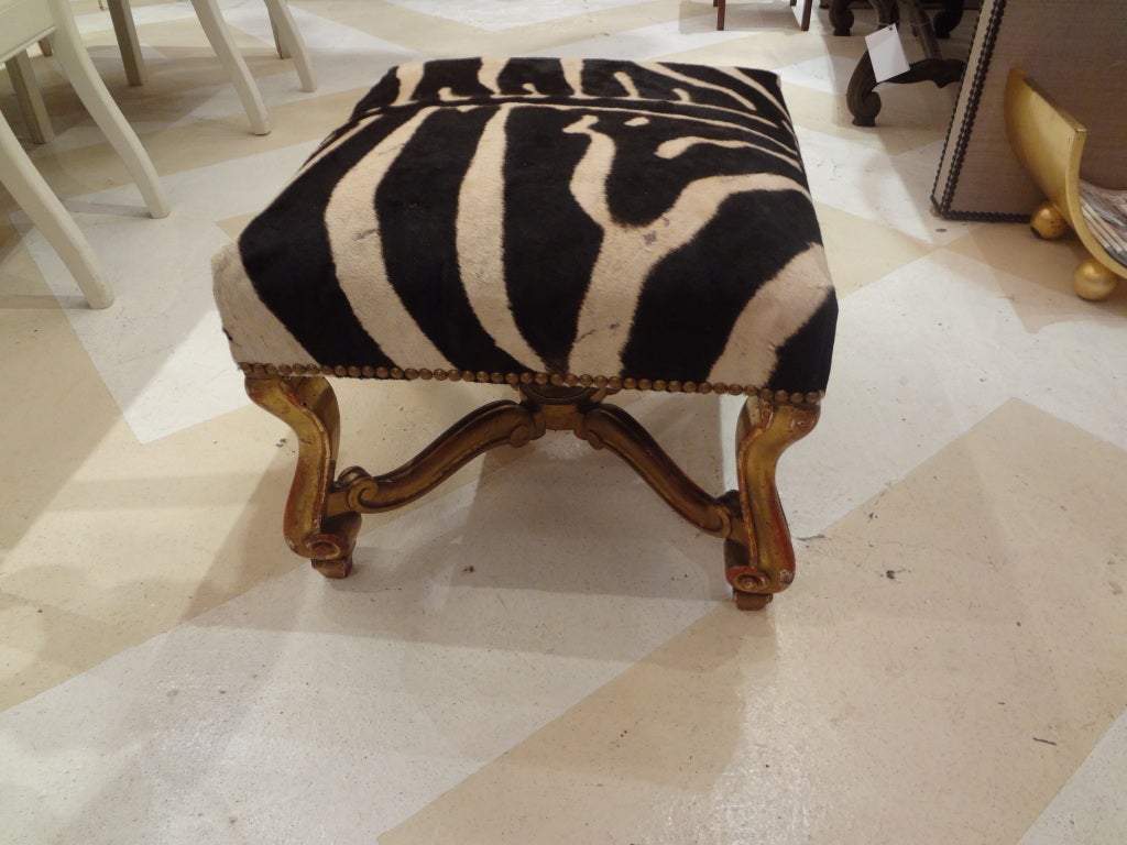 Giltwood French Louis XIV Style Stool Covered in Zebra Hide