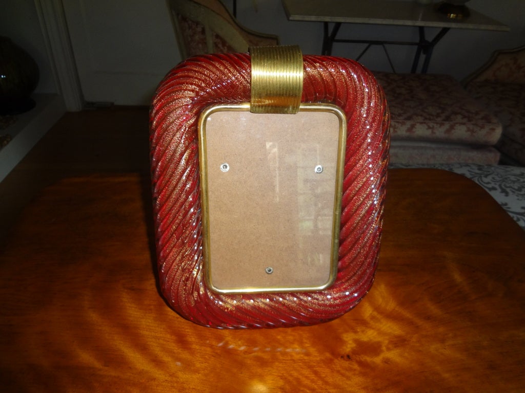 Murano Glass Picture Frame, Cranberry Colored Infused with Gold In Excellent Condition In Houston, TX