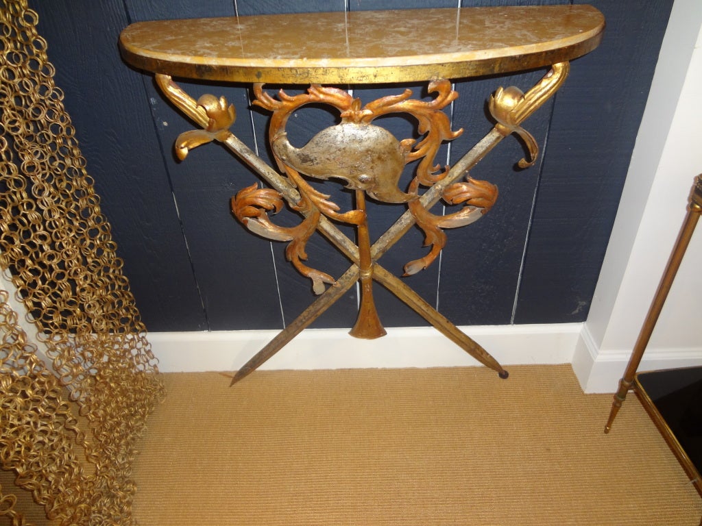 Hollywood Regency Italian Wrought Iron and Marble Console Table For Sale