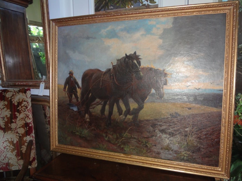 Large scale framed oil painting on canvas by well listed British artist, Adrian Jones.