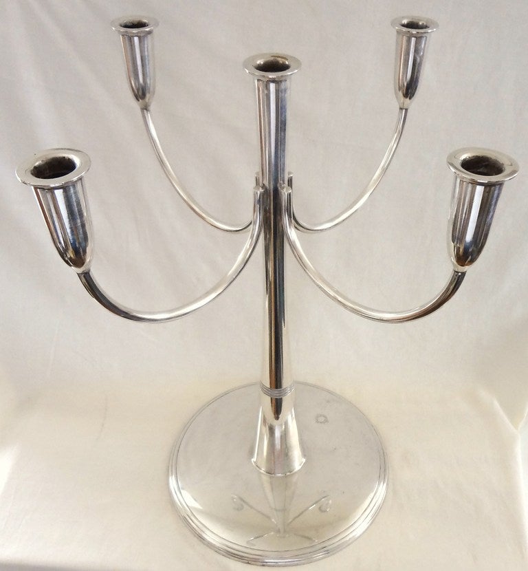 Tall elegant 1950s, Italian modern silver plate candelabrum made for the Sambonet line for the American silver company Oneida. This was a line they introduced in the 1950s that was made in Italy and was designed by contemporaries and in the style of