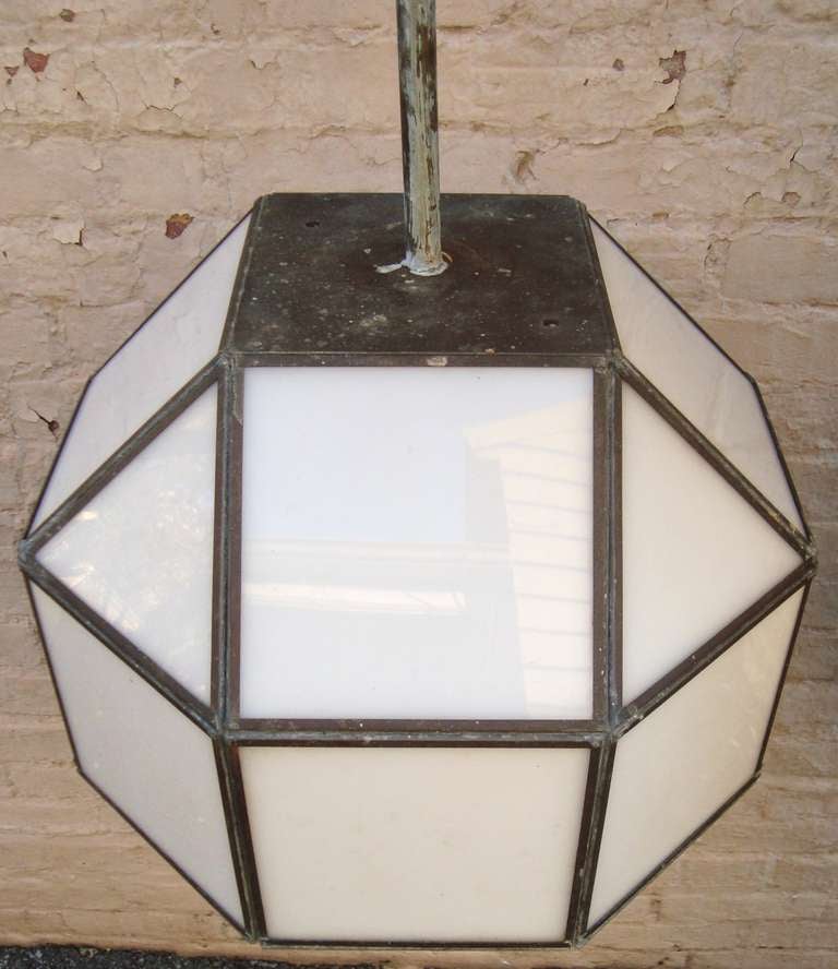 Large 1940's English Industrial Glass and Copper Hanging Lantern