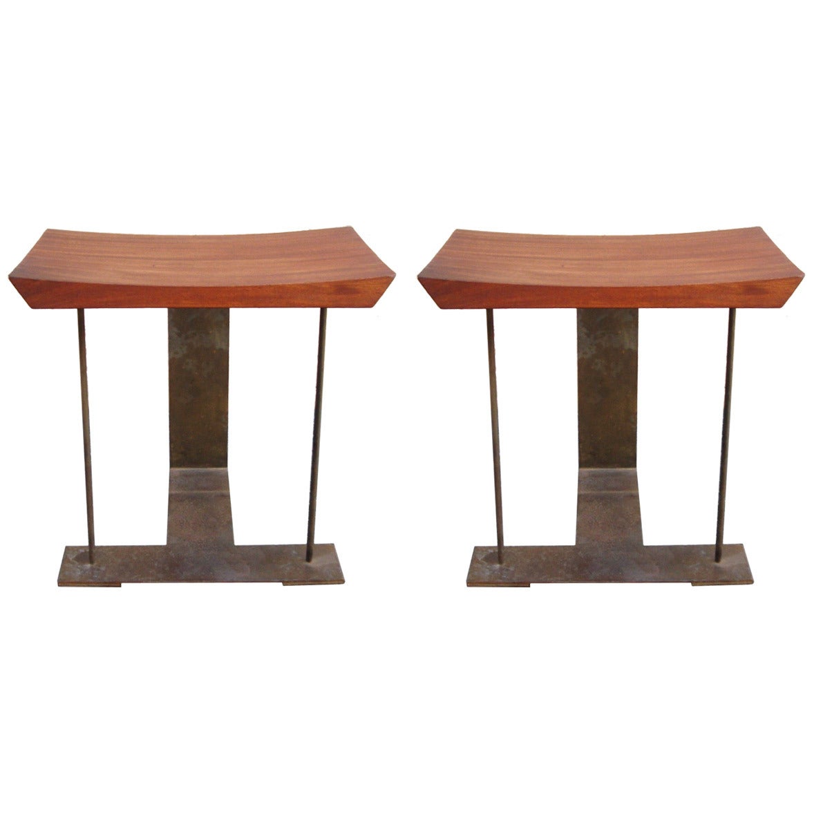 Architectural Pair of Pierre Chareau Mahogany and Iron Stools