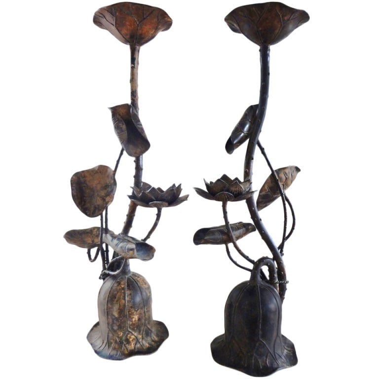 Monumental Pair of 1940's Gilt Bronze Japanese Candle Holders For Sale