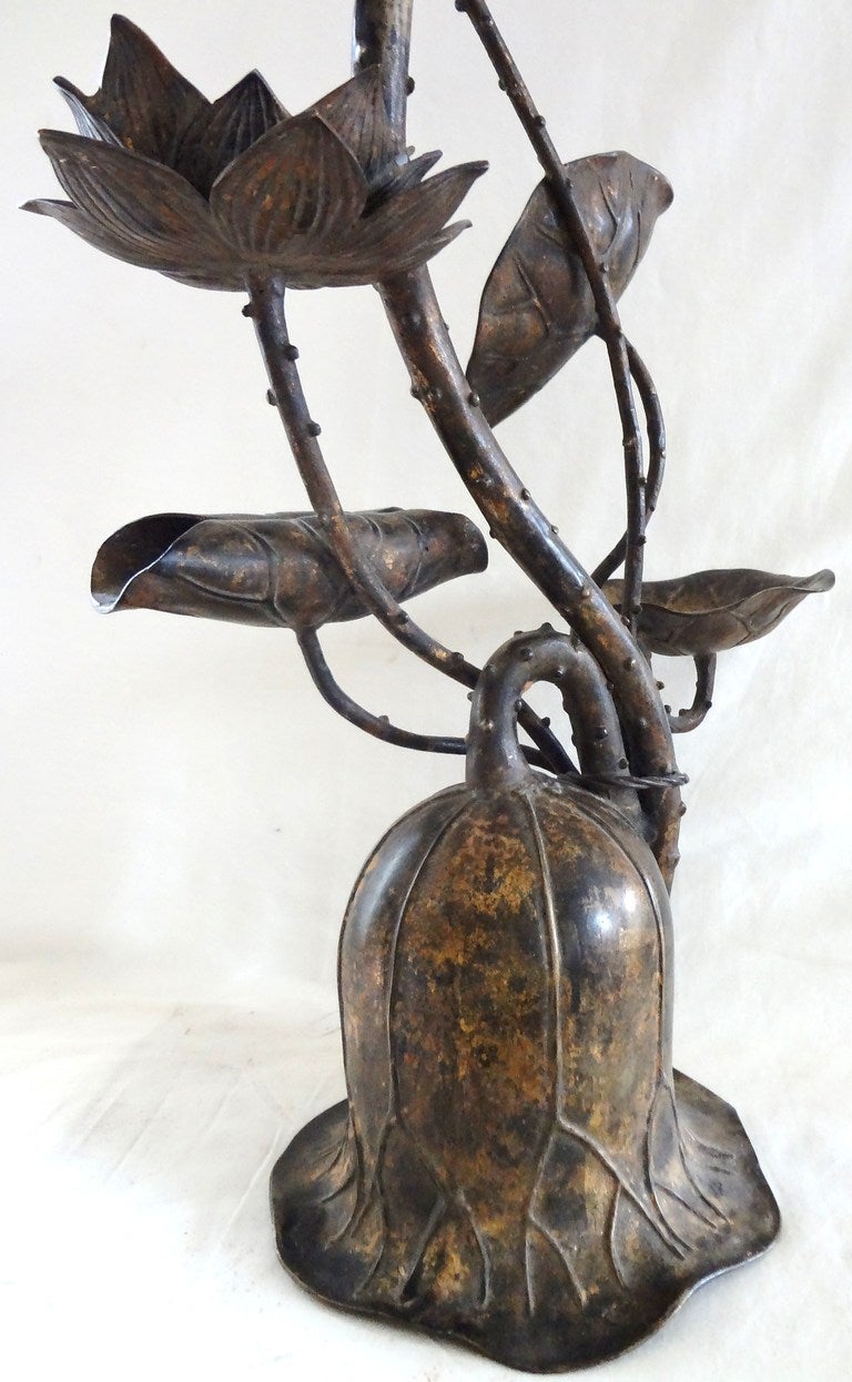 Monumental Pair of 1940's Bronze Japanese Candle Holders