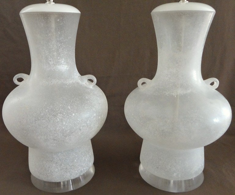 Rare and truly exceptional pair of Karl Springer for Seguso Scavo glass table lamps, C. 1980.  The form is based on a classical Chinese urn from the antiquity era of the Han dynasty.  These lamps ooze custom perfection and luxury; from the