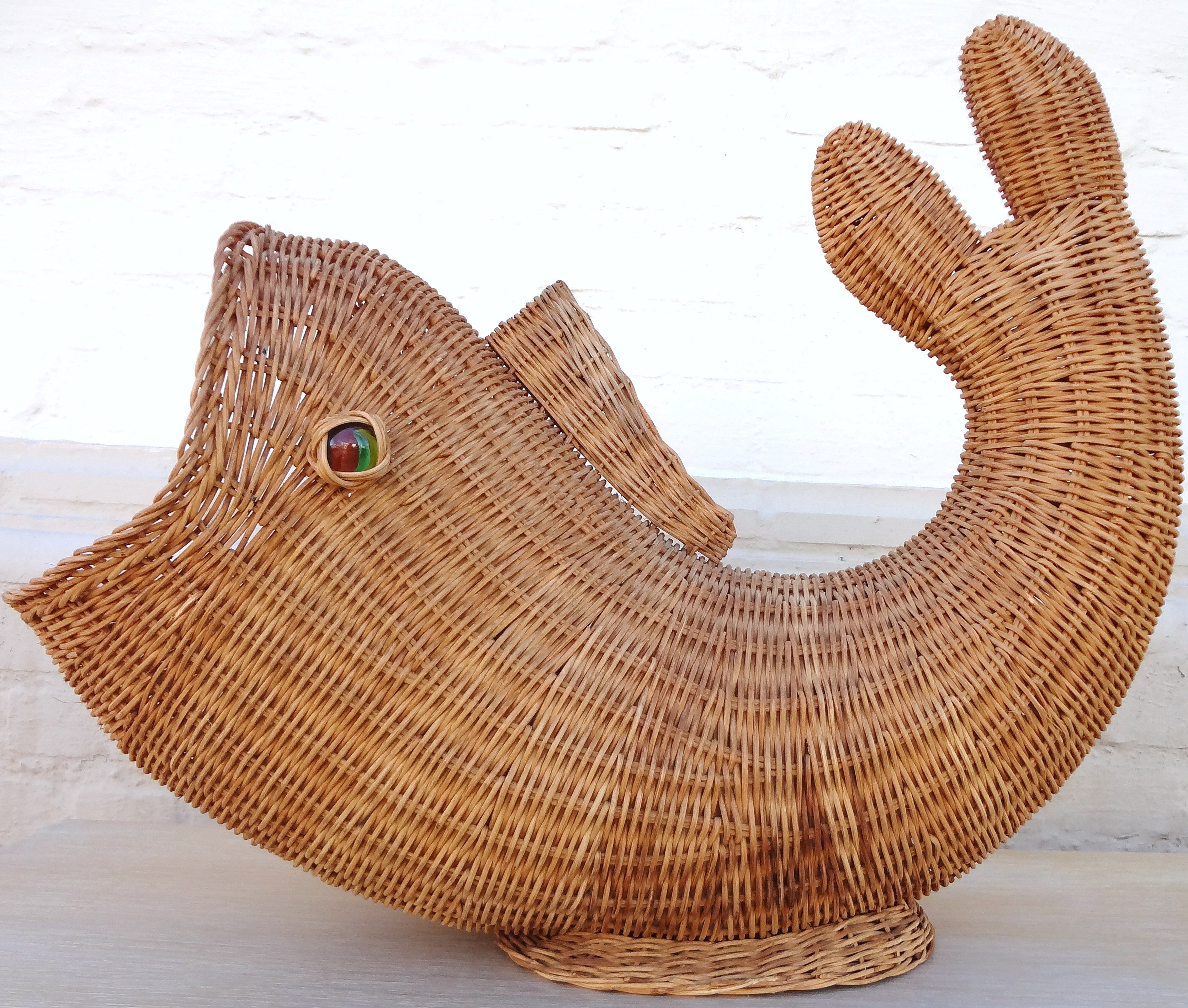 1970's Italian Wicker Whale Magazine Holder