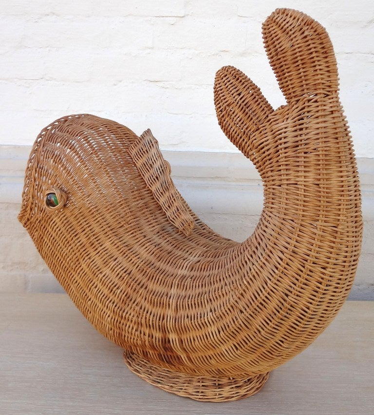 1970's Italian Wicker Whale Magazine Holder In Excellent Condition In Washington, DC