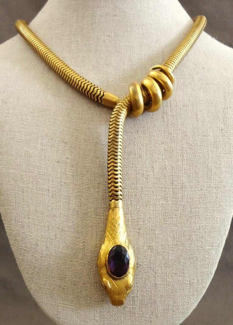 Egyptian Revival 1940's Gold Vermeil and Amethyst Snake Necklace
