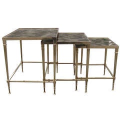Set of 1950
s Maison Jansen Brass Nesting Tables with Antiqued Mirror Glass
