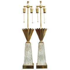 Pair of 1950's Cerused Oak and Brass Table Lamps